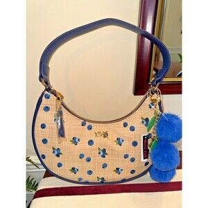 NWT Betsey Johnson Straw Shoulder Handbag Blueberries with Plush Bag Charm